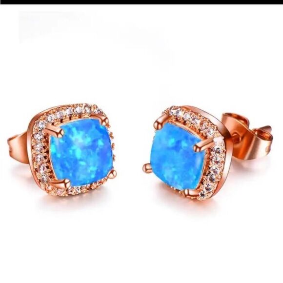Blue Opal Rose Gold Diamond CZ Embellished Earrings Luxury New In Gift Box - Picture 3 of 5